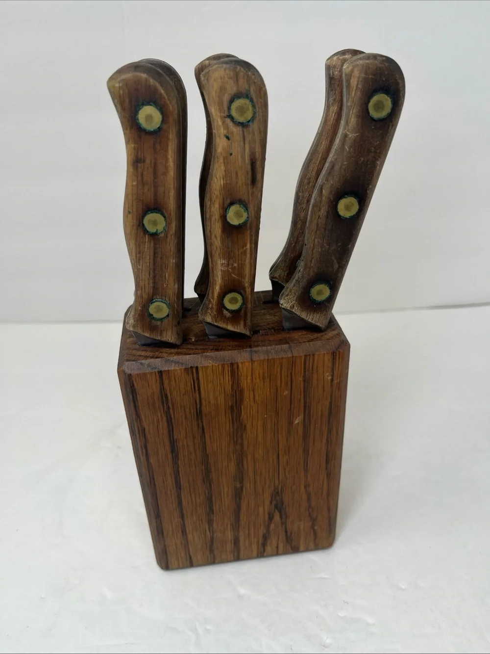 Set of 6 Vintage Chicago Cutlery USA Walnut Handle Steak Knives with Block.